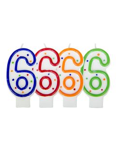 Verjaardagskaars cijfer 6 - wit met gekleurde stippen