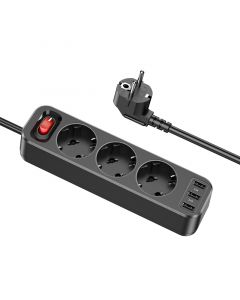 Hoco 3-voudige stekkerdoos + 3 USB-A poorten - Zwart