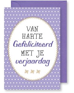 6 Wenskaarten met envelop - Van harte gefeliciteerd paarse dots (12x17.5 cm)