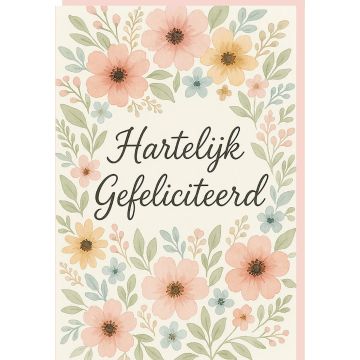 6 Wenskaarten met envelop - Hartelijk gefeliciteerd - Bloemen