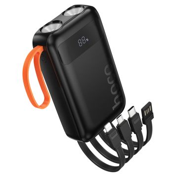 Hoco J151 Powerbank - 10.000mAh - Zwart - met geïntegreerde kabels en zaklamp