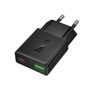 Hoco Ultra Dunne Snellader met USB-A en USB-C Poort - 20W - Zwart