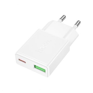Hoco Ultra Dunne Snellader met USB-A en USB-C Poort - 20W - Wit