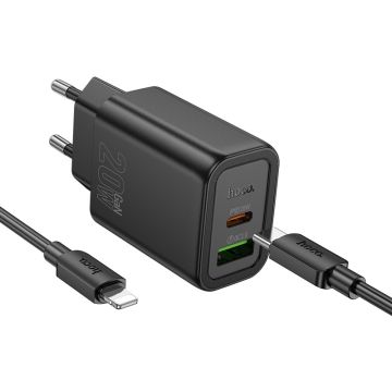 Hoco N61 USB-C Snellader 20W met USB-C naar Lightning Kabel - Zwart