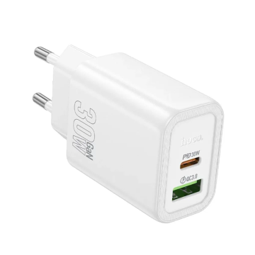 Hoco PD30W+QC3.0  dual port fastcharger USB-A USB-C - Wit